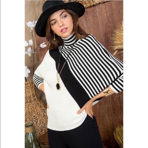 Mock Neck Batwing Striped Knit Sweater - Picture 1 of 6